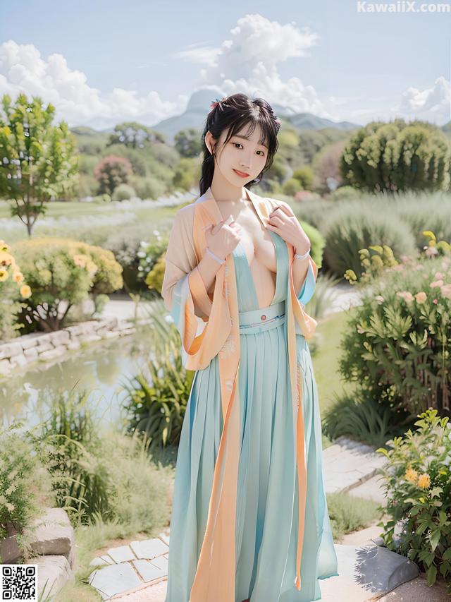 A woman in a blue and orange dress posing for a picture.