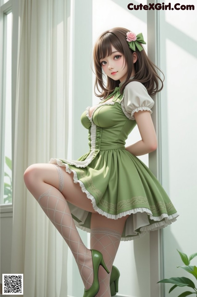 A woman in a green dress and stockings posing by a window.