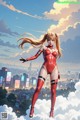 A woman in a red bodysuit flying over a city.