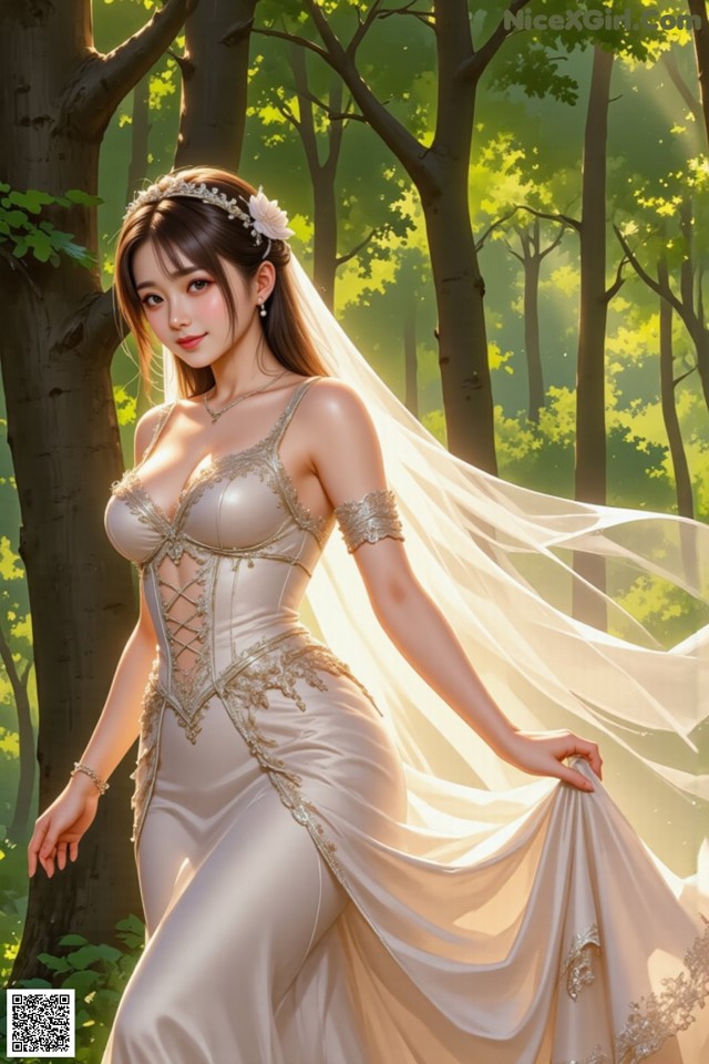 A woman in a wedding dress standing in the woods.