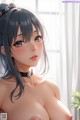 Anime girl with blue hair and a choker on her neck.