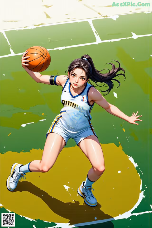 A woman in a blue and white uniform holding a basketball.