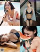 A woman in a bikini eating a slice of watermelon.