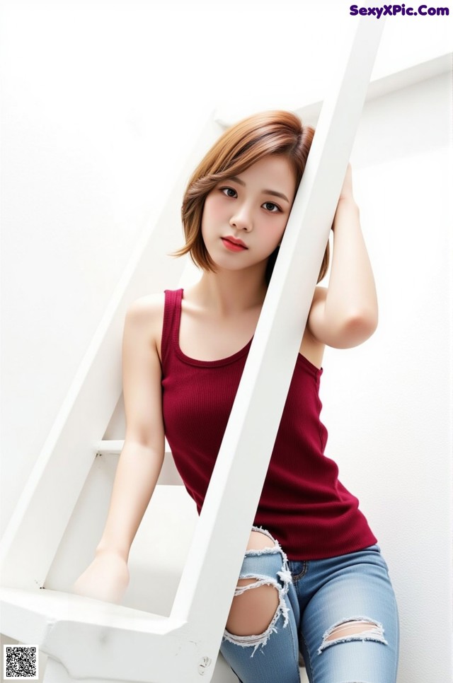 A woman in a red tank top and ripped jeans leaning against a white ladder.